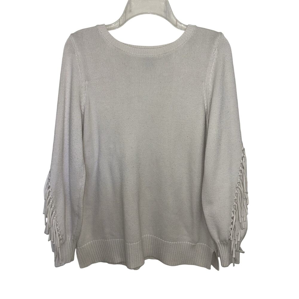 Chico’s Off White Fringe Sleeve Sweater M Western Boho Cowgirl Hippie